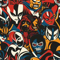 Vibrant action-packed line mexican seamless pattern bold characters digital artwork colorful environment close-up viewpoint cultural concept