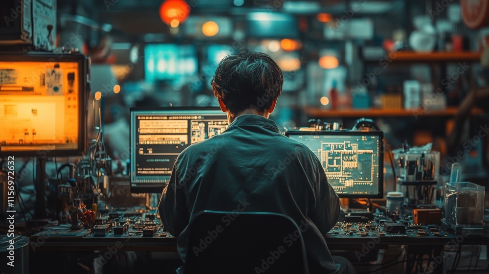 Poster person working on multiple computer screens in a busy, dimly lit workspace.