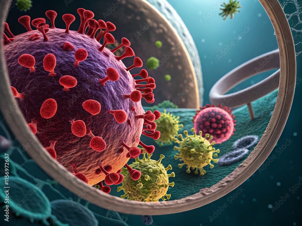 Poster microscopic cellular landscape: double exposure of virus and cell structures in circular frame