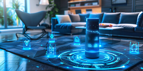 Naklejka premium A close-up of a sleek smart speaker glowing with neon lights, surrounded by vibrant colors in a futuristic setting.