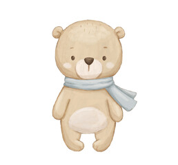 Cute bear with scarf, watercolor hand drawn illustration isolated on white background