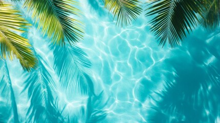Top view of clear blue water with ripples and palm leaf shadows. A relaxing summer Zen background. 