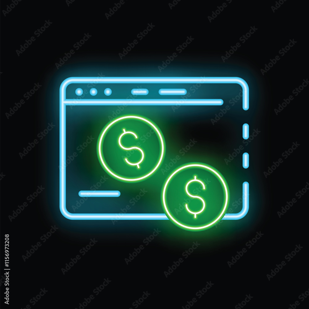 Poster glowing neon icon representing online payment with dollar coins and internet browser window, ideal f