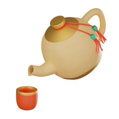 3D Render, Chinese Teapot for Lunar New Year Celebrations, Traditional Festive Object, Icon Illustration