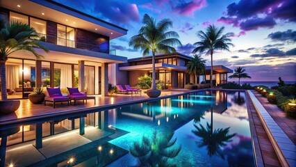 Neon Poolside Paradise: Luxurious Nighttime Villa Resort Escape - Summer Holiday Getaway