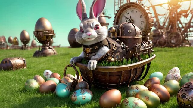 Steampunk bunny surrounded by decorated easter eggs on green grass