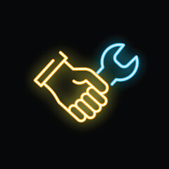 Neon sign illustrating a hand holding a wrench, great for any business related to repair or maintenance