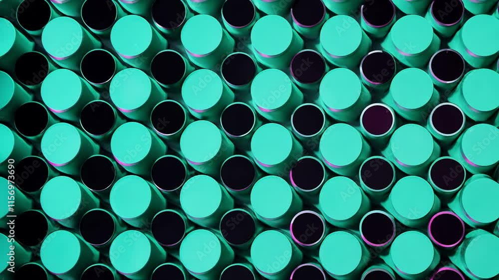 Poster the camera pans horizontally to display vibrant teal and pink polka dots in a honeycomb pattern on b