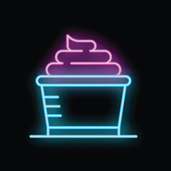 Neon sign illustrating a paper cup with whipped cream glowing on a dark background