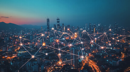 Fototapeta premium Smart digital Innovation city with connection network reciprocity over the cityscape. of future smart wireless digital city and social media networking systems that connects people with in city
