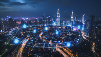 Fototapeta premium Smart digital Innovation city with connection network reciprocity over the cityscape. of future smart wireless digital city and social media networking systems that connects people with in city