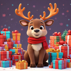 Cute cartoon reindeer with red scarf sitting among colorful Christmas presents with snowy background