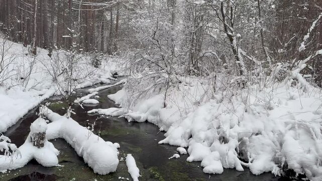 Video of winter landscape with non-freezing river Oda into which natural springs and sources flow. Snow-covered hilly river bank and forest. Winter travels and walks in nature