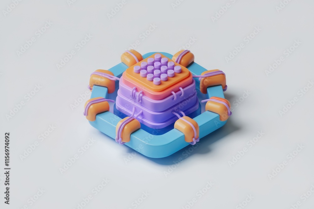 Poster Abstract 3D rendering of a colorful layered structure with interconnected components, representing data processing or network.