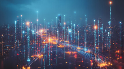 Fototapeta premium Smart digital Innovation city with connection network reciprocity over the cityscape. of future smart wireless digital city and social media networking systems that connects people with in city