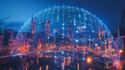 Fototapeta premium Smart digital Innovation city with connection network reciprocity over the cityscape. of future smart wireless digital city and social media networking systems that connects people with in city