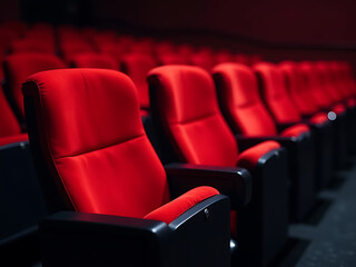 Fototapeta premium The Red Theater Seats Stand Out Against A Blurred Background, Emphasizing Their Emptiness Through Shallow Depth Of Field Effects. 00001