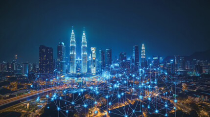 Smart digital Innovation city with connection network reciprocity over the cityscape. of future smart wireless digital city and social media networking systems that connects people with in city