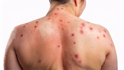 Naklejka premium close-up of a heat rash on the back, showcasing red bumps, skin irritation, and sweat effects for medical and dermatological purposes 