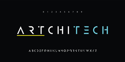 Futuristic font, minimalist type for modern futuristic logo, monogram, digital device, hud graphic, robot or cosmic technology. Minimal free style letters, vector typography design