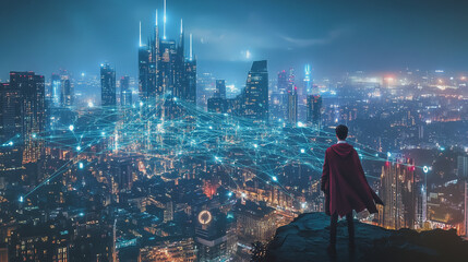 Smart digital Innovation city with connection network reciprocity over the cityscape. of future smart wireless digital city and social media networking systems that connects people with in city