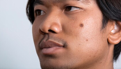 Obraz premium close-up of facial skin showing dark spots and hypopigmentation on a young man, highlighting skin discoloration and dermatological features for medical and cosmetic research purposes 