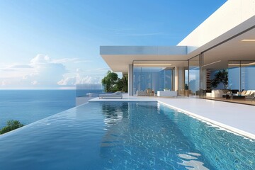 Fototapeta premium Luxury Modern Home With Infinity Pool. Architectural Home Design, Smooth Pool Edge