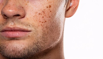 Naklejka premium close-up of freckles on the cheek and jawline of a light-skinned man with natural skin pigmentation and facial hair, isolated on white for dermatological and beauty concepts 