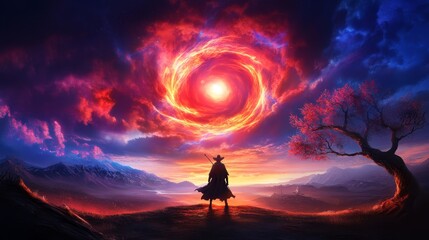 Lone Traveler Before Celestial Vortex - A solitary figure, journey, mystical vortex, vibrant sunset, serene landscape. Symbolizes adventure, mystery, hope, power, and discovery.