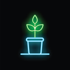 Neon sign of a plant growing in a pot, representing concepts such as growth, nature, and sustainability