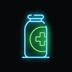 Glowing neon line medicine bottle and medical sign icon isolated on black background. Pharmacy symbol. Vector illustration