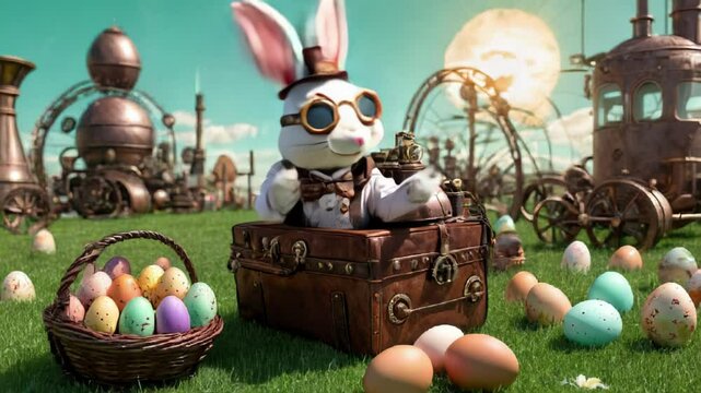 Steampunk rabbit celebrates easter amidst whimsical landscape with colorful eggs