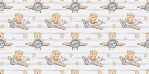 Seamless watercolor pattern with cute baby bear in neutral colors Bear pilot on airplane, hand drawn illustration on white repeat background © Elena