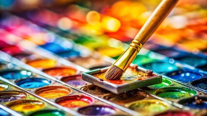 Fototapeta premium Miniature Watercolor Palette & Paintbrush: Tilt-Shift Photography