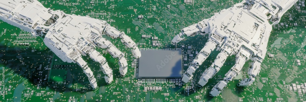 Poster robotic hands installing microchip - advanced technology, robotic precision, future innovation, digi