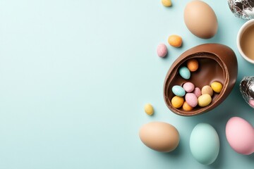 A festive display of colorful Easter eggs and a chocolate egg filled with pastel candies on a light blue background, capturing the joyful essence of Easter celebrations with loved ones
