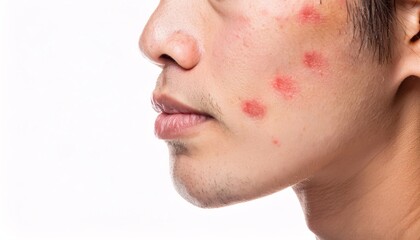 Obraz premium detailed view of rosacea pustules on the cheeks with visible redness and inflamed skin, isolated on a clean white background, showcasing dermatological condition 