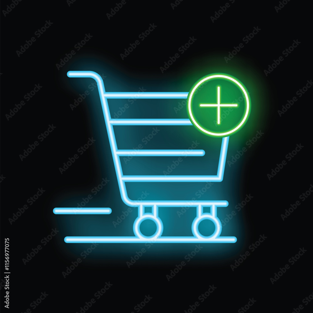 Poster glowing neon shopping cart icon is speeding down a track, adding items to the shopping cart with a p