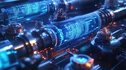 A close-up of digital water meters and sensors integrated into pipelines, with glowing holographic data visualizations floating above