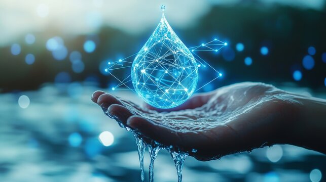 Earth with interconnected blue lines symbolizing global water systems. In the foreground, a hand gently holding a drop of water with a digital glow represents conservation and sustainability, 16:9
