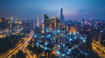 Fototapeta premium Smart digital Innovation city with connection network reciprocity over the cityscape. of future smart wireless digital city and social media networking systems that connects people with in city