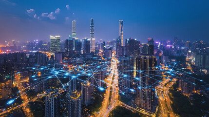 Obraz premium Smart digital Innovation city with connection network reciprocity over the cityscape. of future smart wireless digital city and social media networking systems that connects people with in city
