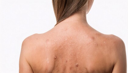 Naklejka premium detailed view of light-colored freckles and skin spots on the back of a woman's shoulder, highlighting natural pigmentation on a white background 