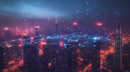 Smart digital Innovation city with connection network reciprocity over the cityscape. of future smart wireless digital city and social media networking systems that connects people with in city