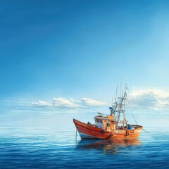Fototapeta premium A fishing boat floating on a calm sea under a clear blue sky