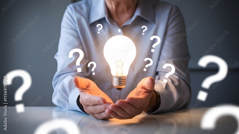 Poster businessman holding glowing light bulb with question marks, creative thinking, problem solving, solu
