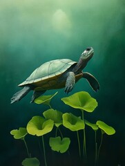 Obraz premium Turtle Grace Among Aquatic Plants - A lone turtle gracefully swims amidst lush aquatic plants, symbolizing peace, resilience, nature's beauty, serenity, and hidden depths.