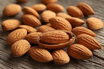 Fototapeta premium Aromatic Whole Almonds in Shells on Rustic Wooden Surface, Nutty Delight.