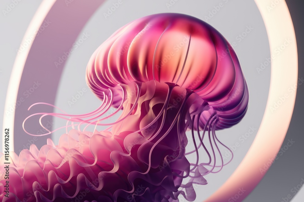 Poster A mesmerizing 3D render of a pink jellyfish, its translucent bell and flowing tentacles creating an ethereal underwater scene.