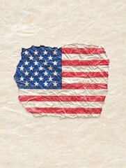 Obraz premium Torn American Flag on Parchment - Patriotism, history, remembrance, age, fragility. A crumpled, torn American flag rests on aged parchment.